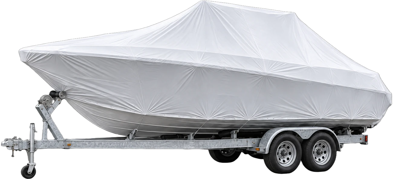Shrink-wrapped boat on its trailer
